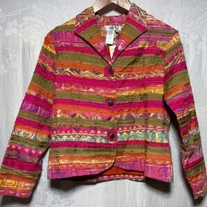 VTG Coldwater Creek Jacket Small PETITE Pink Orange NEW Stripe Applique Artsy